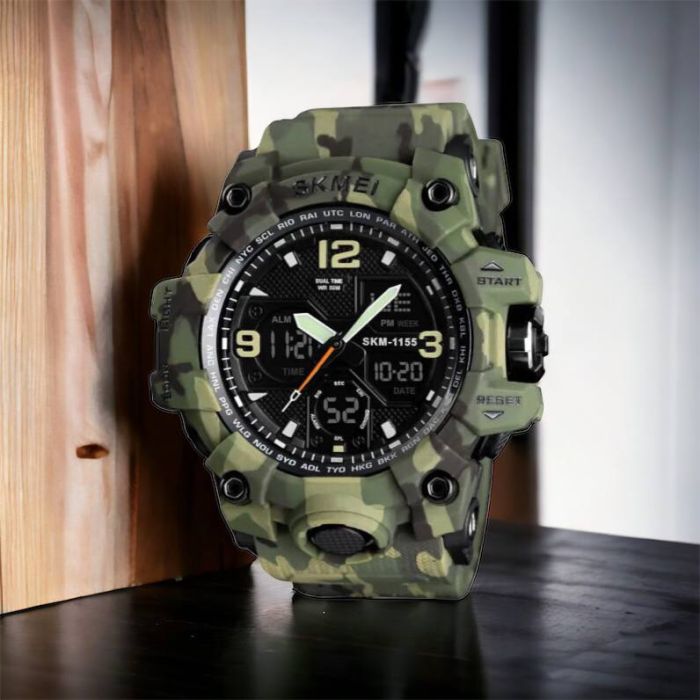 Часы наручные мужские SKMEI 1155BCMGN GREEN CAMO, брендовые мужские часы. Цвет: зеленый камуфляж