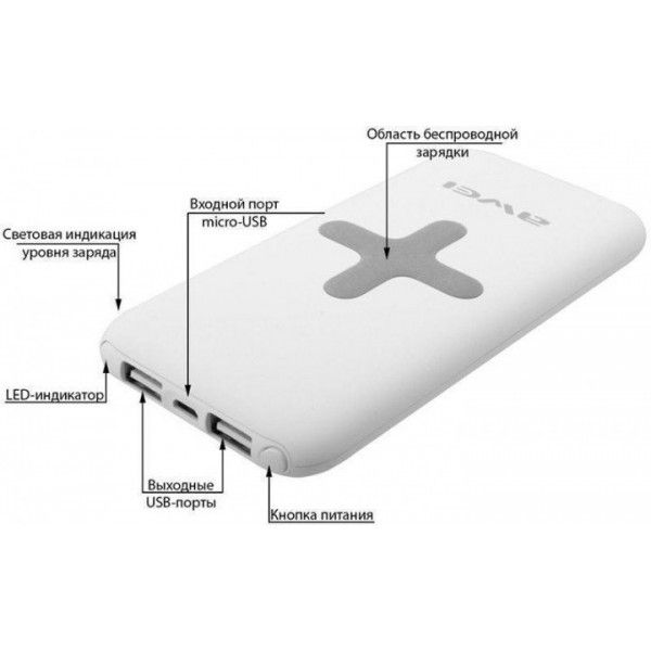 Power Bank AWEI P98K (Беспроводная зарядка) 8000 mAh. Цвет: белый
