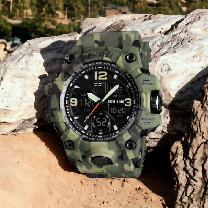 Часы наручные мужские SKMEI 1155BCMGN GREEN CAMO, брендовые мужские часы. Цвет: зеленый камуфляж