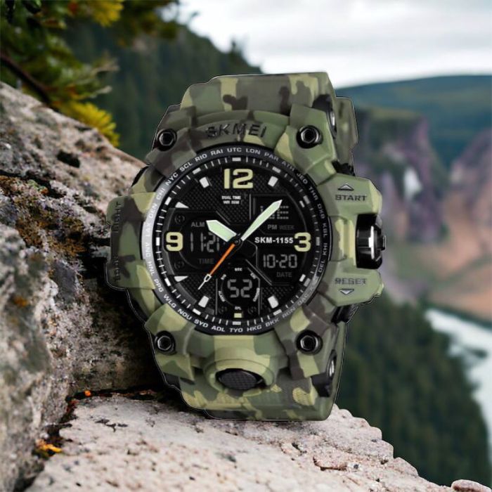 Часы наручные мужские SKMEI 1155BCMGN GREEN CAMO, брендовые мужские часы. Цвет: зеленый камуфляж