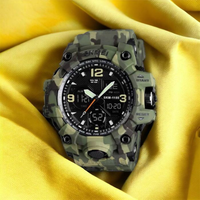 Часы наручные мужские SKMEI 1155BCMGN GREEN CAMO, брендовые мужские часы. Цвет: зеленый камуфляж