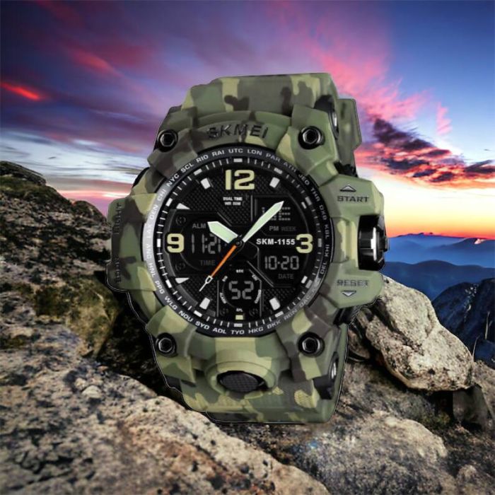 Часы наручные мужские SKMEI 1155BCMGN GREEN CAMO, брендовые мужские часы. Цвет: зеленый камуфляж