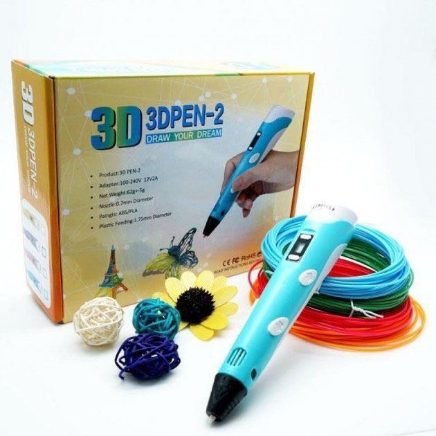 3D ручка Smart 3D Pen 2 c LCD дисплеем, Интересная ручка 3д для детей, Оригинальная. Цвет: голубой