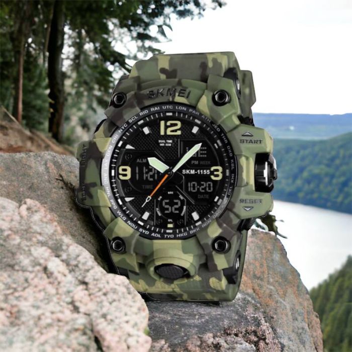 Часы наручные мужские SKMEI 1155BCMGN GREEN CAMO, брендовые мужские часы. Цвет: зеленый камуфляж