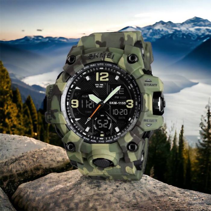 Часы наручные мужские SKMEI 1155BCMGN GREEN CAMO, брендовые мужские часы. Цвет: зеленый камуфляж