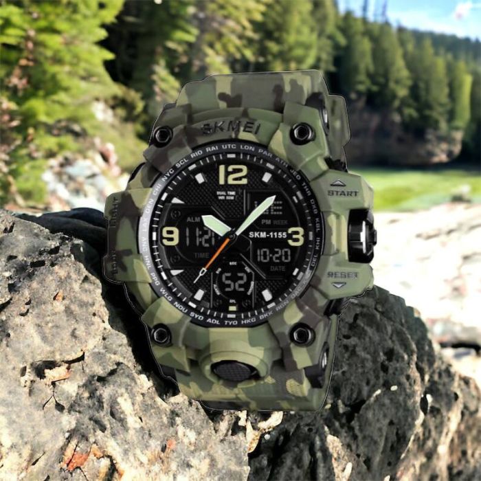 Часы наручные мужские SKMEI 1155BCMGN GREEN CAMO, брендовые мужские часы. Цвет: зеленый камуфляж