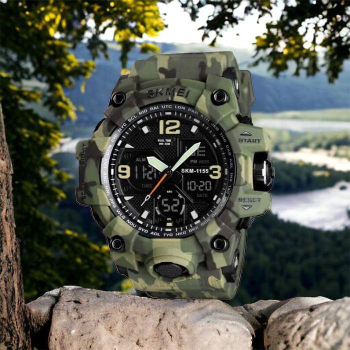 Часы наручные мужские SKMEI 1155BCMGN GREEN CAMO, брендовые мужские часы. Цвет: зеленый камуфляж