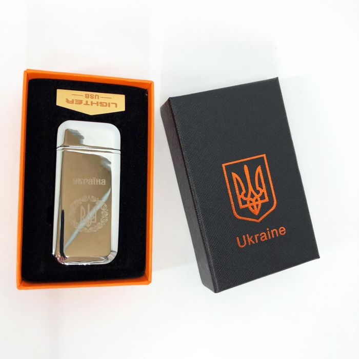 Дуговая электроимпульсная USB зажигалка Герб Украины индикатор заряда, фонарик HL-442. Цвет: серебро