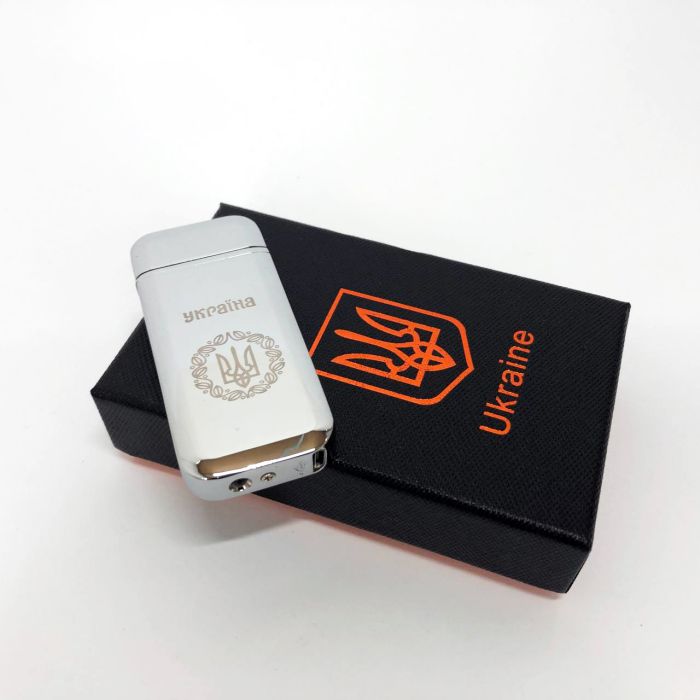 Дуговая электроимпульсная USB зажигалка Герб Украины индикатор заряда, фонарик HL-442. Цвет: серебро