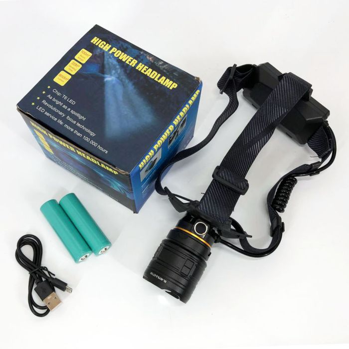 Фонарь налобный мощный Bailong BL-8075-2-GT100, 3 режима, Zoom, алюминий, аккум 2*18650, USB кабель