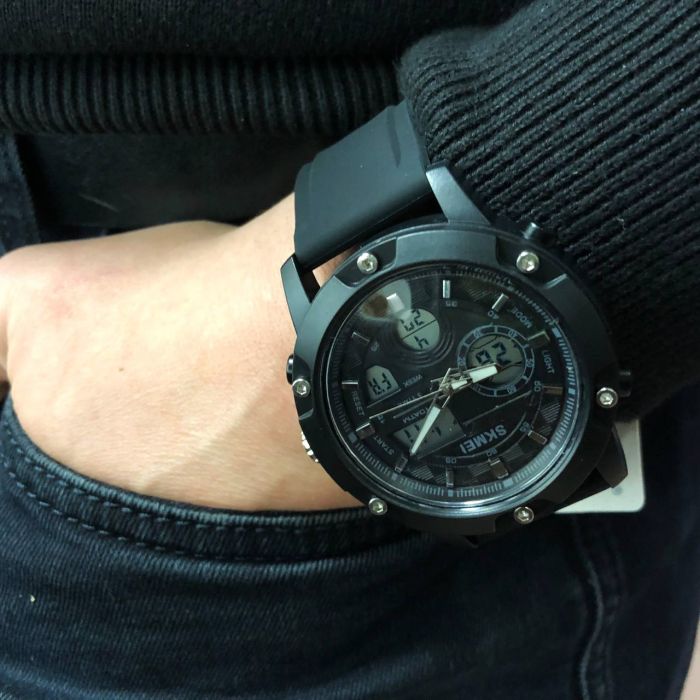 Часы наручные мужские SKMEI 1757BKWT BLACK-WHITE, армейские часы противоударные. Цвет: черный