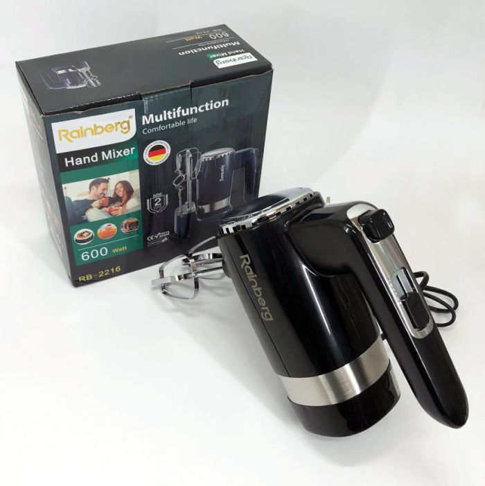 Миксер ручной Rainberg RB-2216 (5 скоростей, 2 насадки и подставка) 600W, мощный миксер блендер ручной