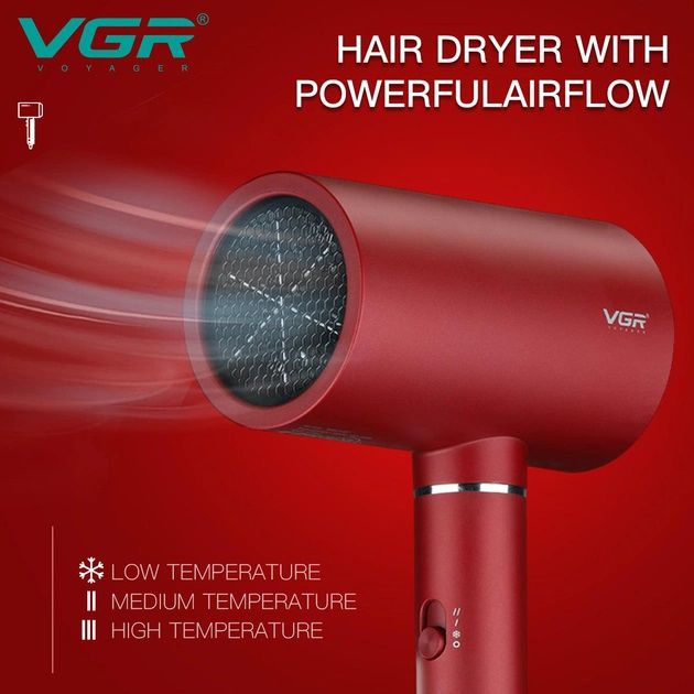 Профессиональный фен для волос VGR V-431 мощностью 1600-1800Вт с режимом холодного воздуха. Цвет: красный
