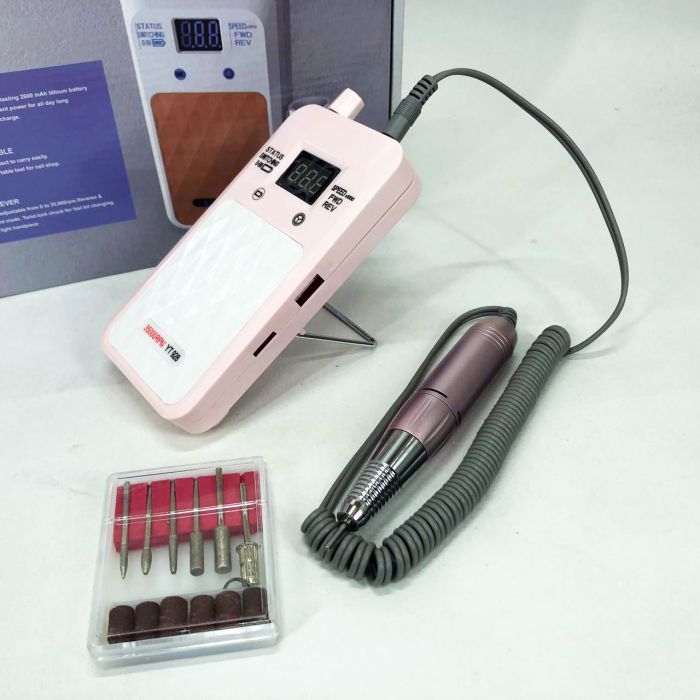 Портативный Фрезер для ногтей Nail Drill YT-928 аккумуляторный с индикатором заряда на 35 000 оборотов. Цвет: розовый