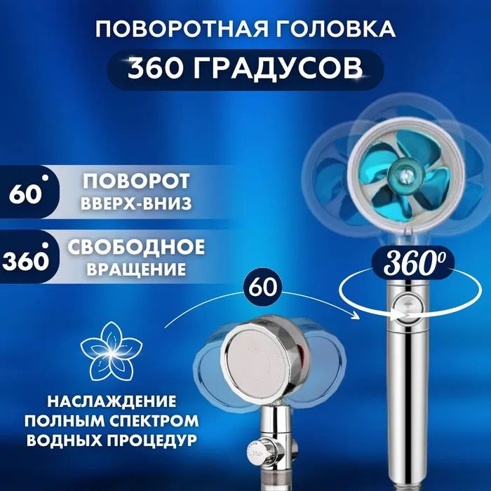 Душевая турболейка высокого давления, водосберегающая насадка для душа c вентилятором с уникальным рисунком воды. Цвет: голубой