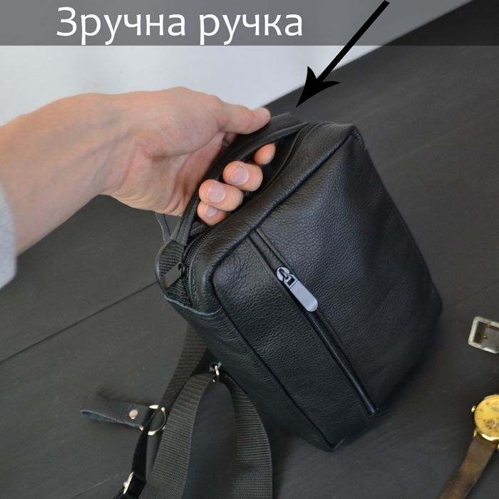 Сумка мужская - кожаная, нагрудная сумка слинг кожаная черная на 3 кармана, мужская сумка на грудь