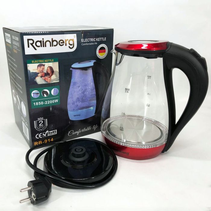 Чайник электрический стеклянный Rainberg RB-914, стильный электрический чайник. Цвет: красный