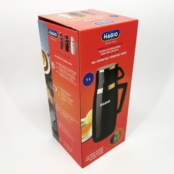 Термос Magio MG-1050W со стеклянной колбой, Хороший небольшой термос, для питьевой воды. Цвет: белый