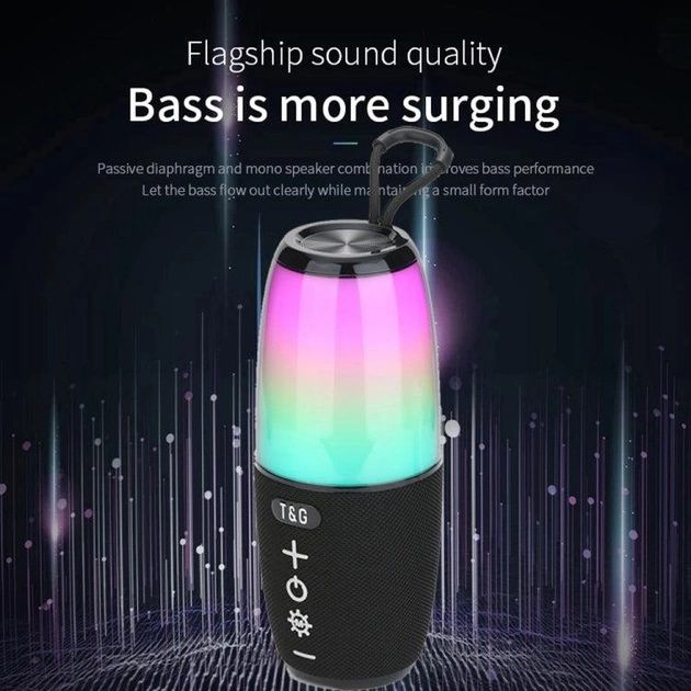 Портативная колонка TG644 5W с RGB подсветкой и ремешком, блютуз колонка с аккумулятором. Цвет: черный