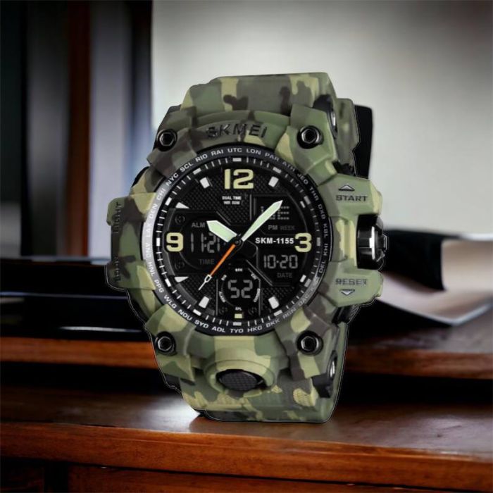 Часы наручные мужские SKMEI 1155BCMGN GREEN CAMO, брендовые мужские часы. Цвет: зеленый камуфляж