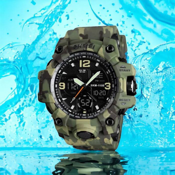 Часы наручные мужские SKMEI 1155BCMGN GREEN CAMO, брендовые мужские часы. Цвет: зеленый камуфляж