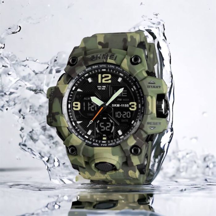 Часы наручные мужские SKMEI 1155BCMGN GREEN CAMO, брендовые мужские часы. Цвет: зеленый камуфляж