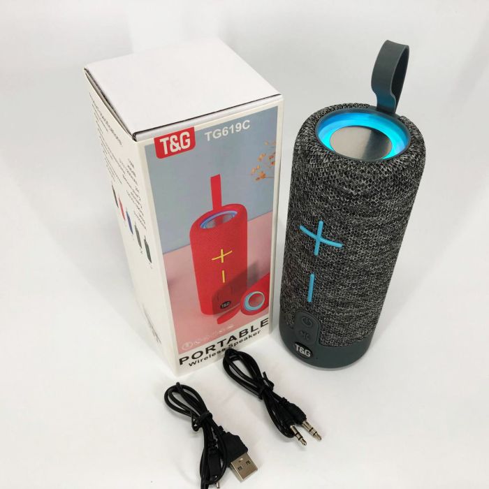 Портативная Bluetooth колонка TG619C FM-радио USB/TF с ремешком, Блютуз колонка с подсветкой. Цвет: серый