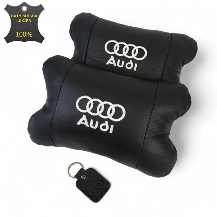Набор автодушки 2шт на подголовник Audi / Ауди из натуральной кожи черная / Подголовник в машину