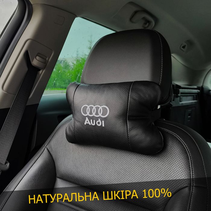 Набор автодушки 2шт на подголовник Audi / Ауди из натуральной кожи черная / Подголовник в машину
