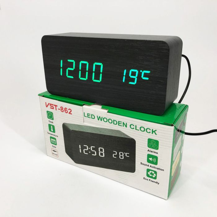 Электронные часы VST-862-4, с датчиком температуры, будильник, питание от USB. Цвет: черный-зеленый