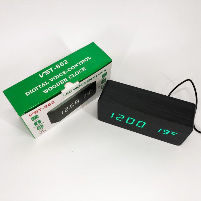 Электронные часы VST-862-4, с датчиком температуры, будильник, питание от USB. Цвет: черный-зеленый