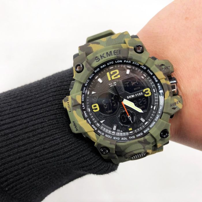 Часы наручные мужские SKMEI 1155BCMGN GREEN CAMO, брендовые мужские часы. Цвет: зеленый камуфляж