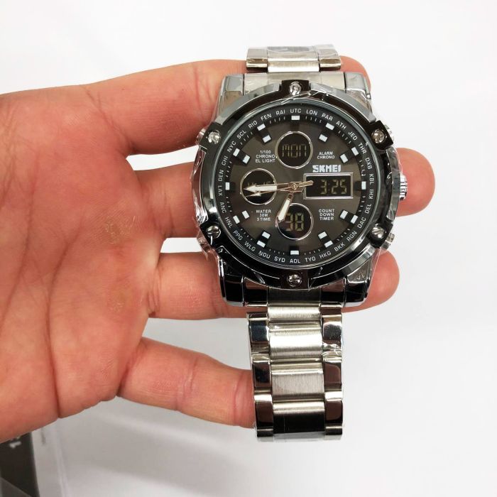 Часы наручные мужские SKMEI 1389SIBK SILVER-BLACK, модные мужские часы. Цвет: серебряный + черный