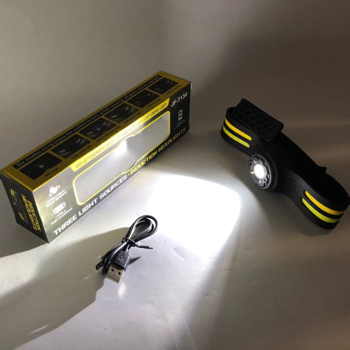 Фонарь налобный T134-XPE-4COB (white+yellow+red) Motion Sensor, налобный фонарик с usb зарядкой