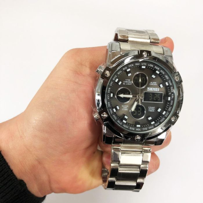 Часы наручные мужские SKMEI 1389SIBK SILVER-BLACK, модные мужские часы. Цвет: серебряный + черный