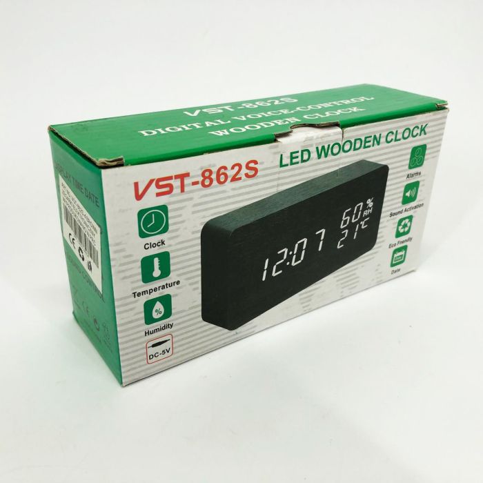 Электронные настольные часы VST-862S-4 черные с зеленой подсветкой, с датчиками температуры и влажности