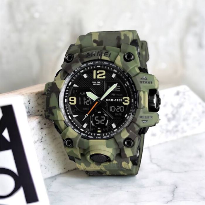 Часы наручные мужские SKMEI 1155BCMGN GREEN CAMO, брендовые мужские часы. Цвет: зеленый камуфляж