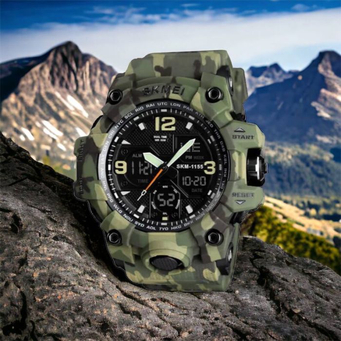 Часы наручные мужские SKMEI 1155BCMGN GREEN CAMO, брендовые мужские часы. Цвет: зеленый камуфляж