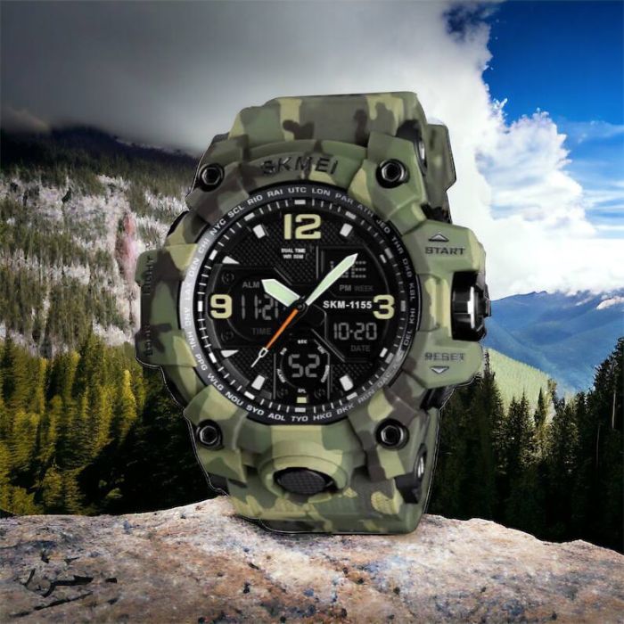 Часы наручные мужские SKMEI 1155BCMGN GREEN CAMO, брендовые мужские часы. Цвет: зеленый камуфляж