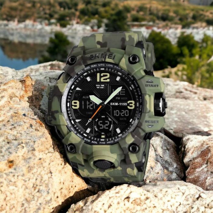 Часы наручные мужские SKMEI 1155BCMGN GREEN CAMO, брендовые мужские часы. Цвет: зеленый камуфляж