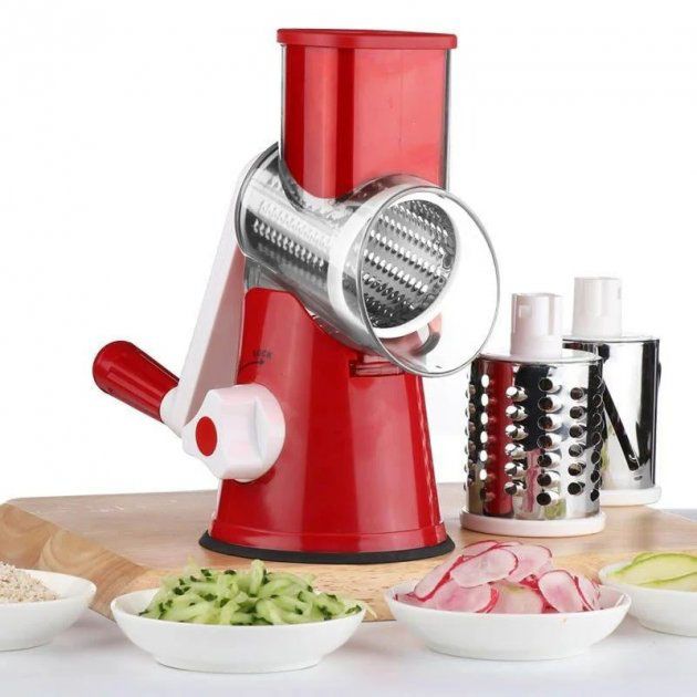Овощерезка мультислайсер Tabletop Drum Grater Kitchen Master Терка для овощей и фруктов 3 насадки. Цвет: красный