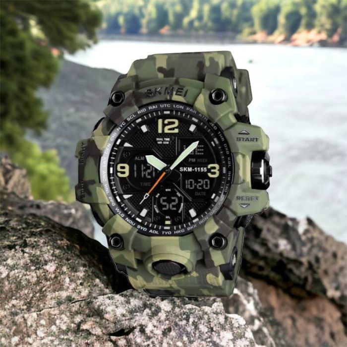 Часы наручные мужские SKMEI 1155BCMGN GREEN CAMO, брендовые мужские часы. Цвет: зеленый камуфляж