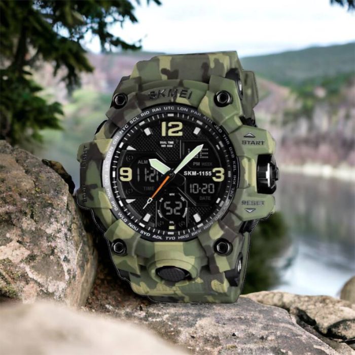 Часы наручные мужские SKMEI 1155BCMGN GREEN CAMO, брендовые мужские часы. Цвет: зеленый камуфляж