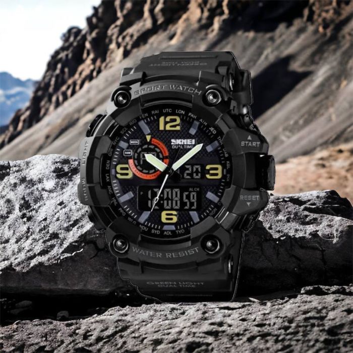 Часы наручные мужские SKMEI 1520BK BLACK, армейские часы противоударные. Цвет: черный