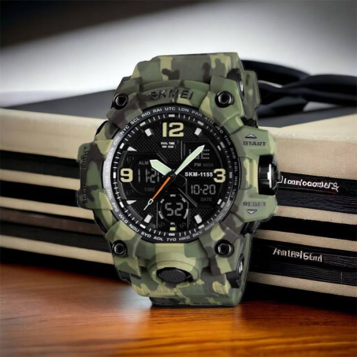 Часы наручные мужские SKMEI 1155BCMGN GREEN CAMO, брендовые мужские часы. Цвет: зеленый камуфляж