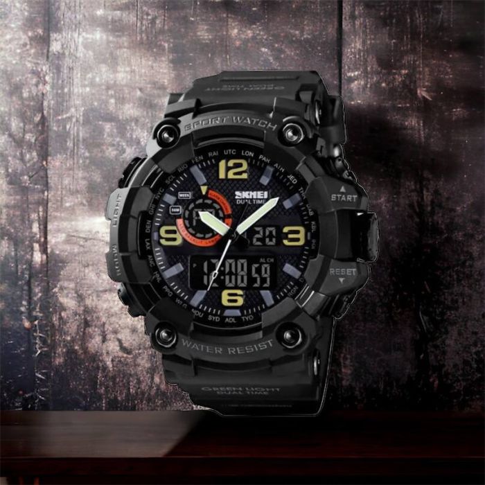 Часы наручные мужские SKMEI 1520BK BLACK, армейские часы противоударные. Цвет: черный
