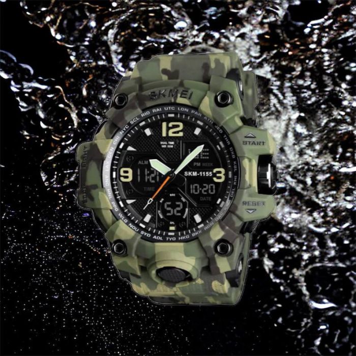 Часы наручные мужские SKMEI 1155BCMGN GREEN CAMO, брендовые мужские часы. Цвет: зеленый камуфляж