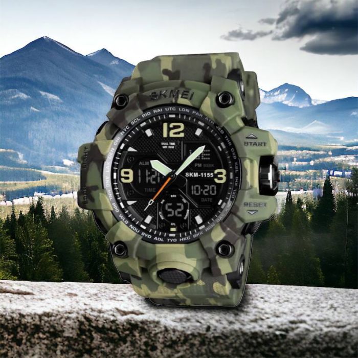 Часы наручные мужские SKMEI 1155BCMGN GREEN CAMO, брендовые мужские часы. Цвет: зеленый камуфляж