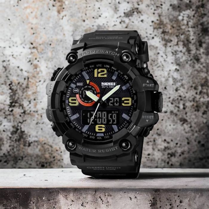 Часы наручные мужские SKMEI 1520BK BLACK, армейские часы противоударные. Цвет: черный