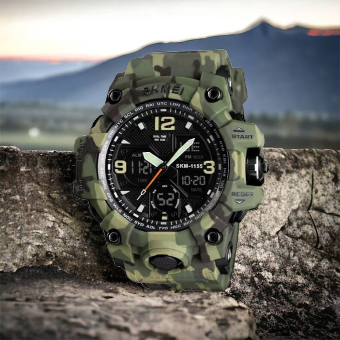 Часы наручные мужские SKMEI 1155BCMGN GREEN CAMO, брендовые мужские часы. Цвет: зеленый камуфляж